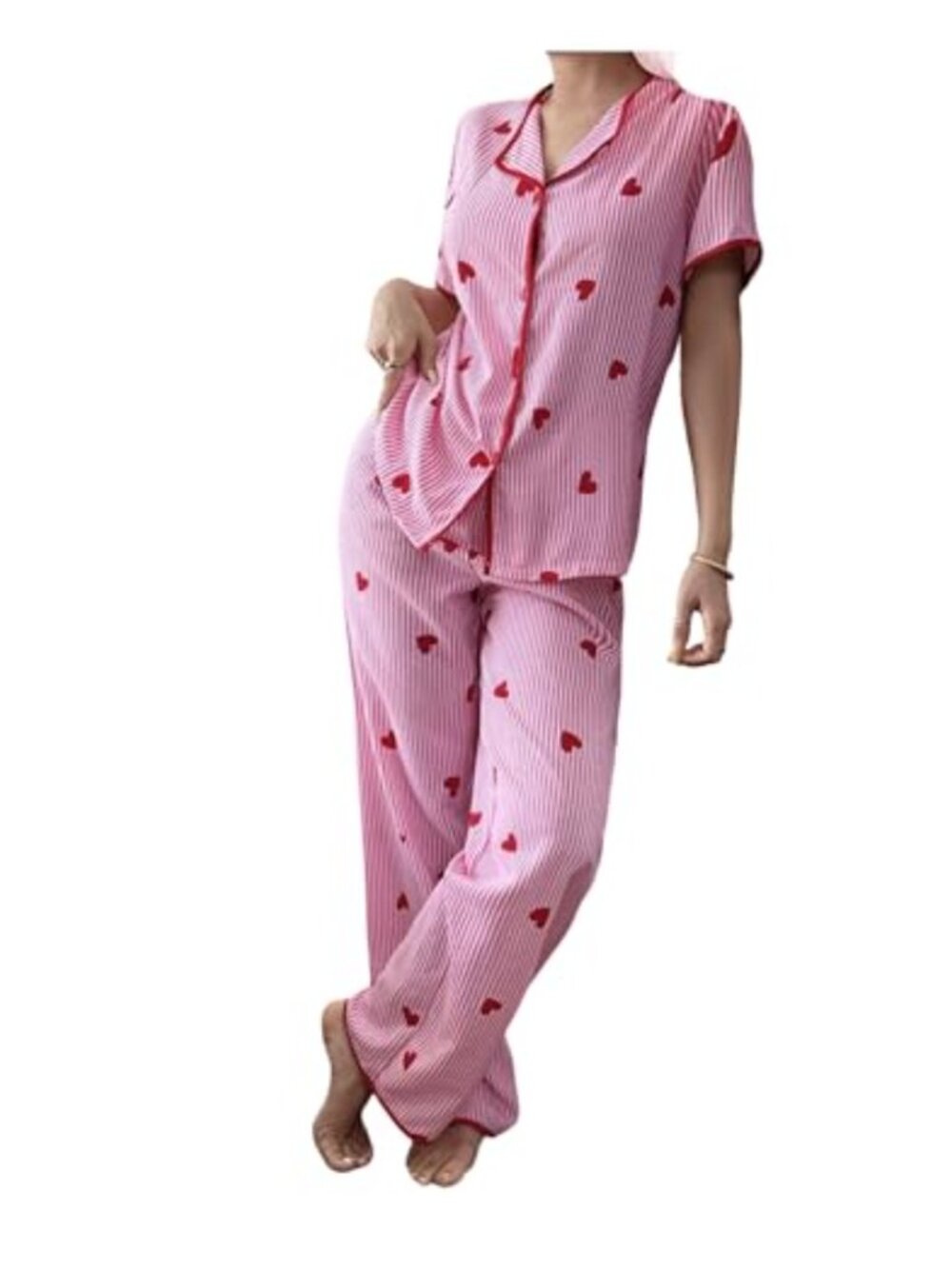 Striped Heart Print 2 Piece Pajama Set Short Sleeve Button Down PJs